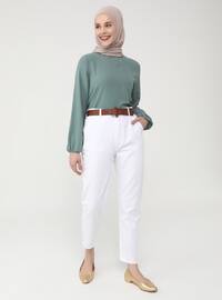 Leather Belt Detailed Classic Cut Jeans - White