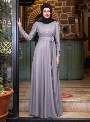 Gray - Fully Lined - Crew neck - Muslim Evening Dress - Sure