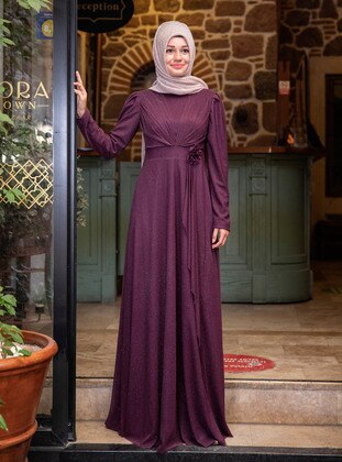 Purple - Fully Lined - Crew neck - Muslim Evening Dress - Sure