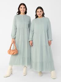 Sea-green - Fully Lined - Button Collar - Plus Size Dress