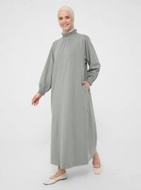 Green - Polo neck - Unlined - Modest Dress