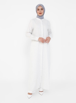 Cotton Linen Hidden Button Striped Abaya Abaya Abaya Black