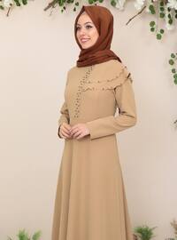 Camel - Unlined - Crew neck - Muslim Evening Dress