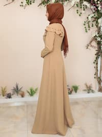 Camel - Unlined - Crew neck - Muslim Evening Dress