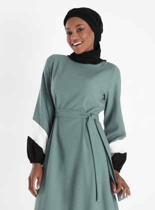 Color Blok Belted Dress - Reseda Green - Tavin