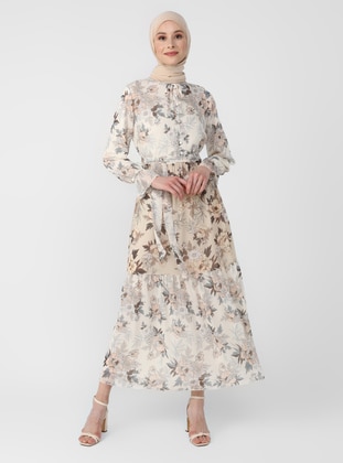 Pattern Block Chiffon Relax Fit Dress - Natural Floral Print - Refka Woman