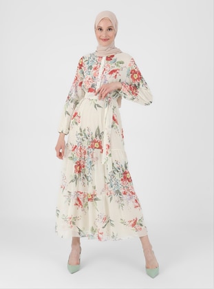 Beige - Pink - Floral - Button Collar - Fully Lined - Modest Dress - Refka