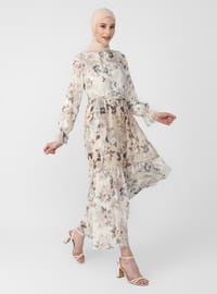 Pattern Block Chiffon Relax Fit Dress - Natural Floral Print - Woman