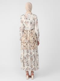 Pattern Block Chiffon Relax Fit Dress - Natural Floral Print - Woman
