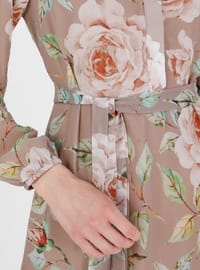 Beige - Pink - Floral - Button Collar - Fully Lined - Modest Dress