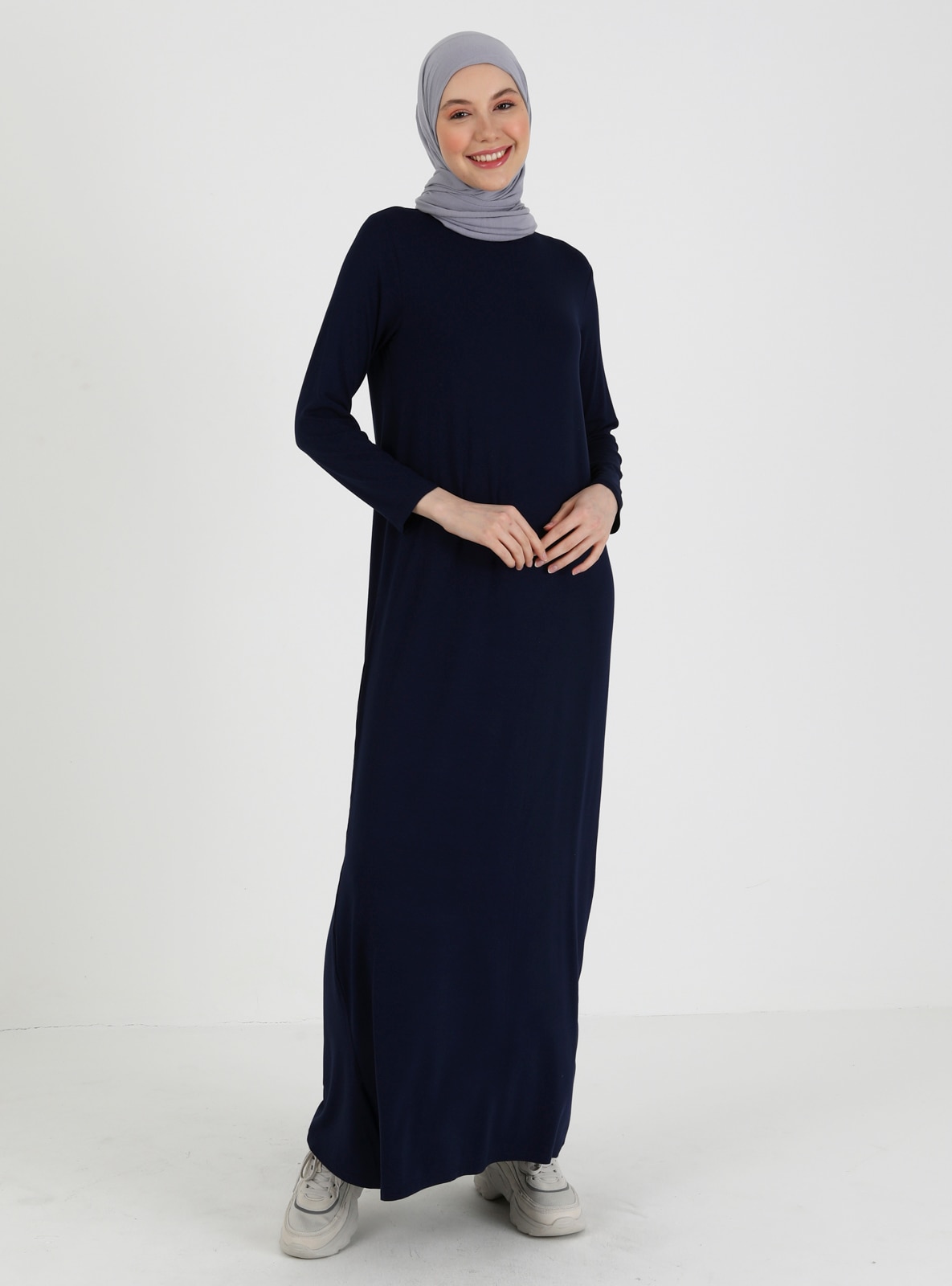 Viscose Fabric Basic Modest Dress Navy Blue