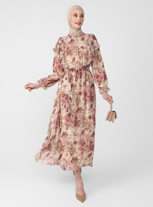 Floral Chiffon Modest Dress With Flywheel Detail Dusky Floral