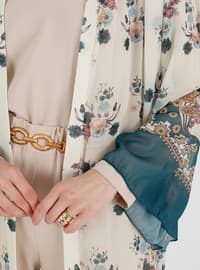 Belt Detailed Chiffon Abaya Kimono Petrol Blue Floral