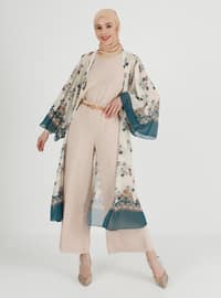 Belt Detailed Chiffon Abaya Kimono Petrol Blue Floral
