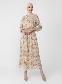 Floral Chiffon Modest Dress Natural Floral With Flywheel Detail