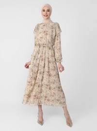 Floral Chiffon Modest Dress Natural Floral With Flywheel Detail