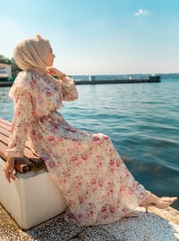 Pink - Floral - Crew neck - Fully Lined - Modest Dress