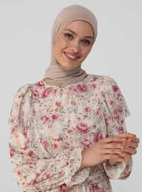 Pink - Floral - Crew neck - Fully Lined - Modest Dress