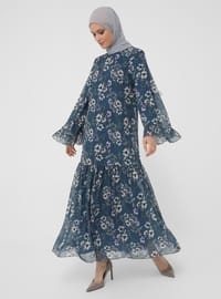 Navy Blue - Floral - Crew neck - Fully Lined - Modest Dress
