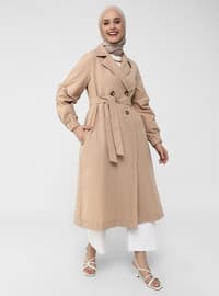 Pleated Sleeve Detailed Wide Cut Trench Coat - Almond - Casual