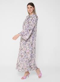 Dantelli Yaka Büyük Beden Çiçek Desenli Şifon Elbise - Yumuşak Lila