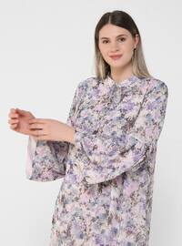 Dantelli Yaka Büyük Beden Çiçek Desenli Şifon Elbise - Yumuşak Lila
