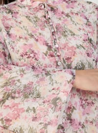 Oversize Floral Print Ribbon Collar Chiffon Dress - Powder