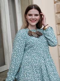 Olive Green - Floral - Unlined - Crew neck - Plus Size Dress