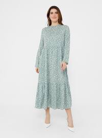 Green - Floral - Unlined - Crew neck - Plus Size Dress