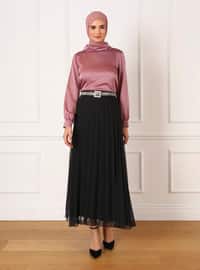 Pleated Chiffon Skirt With Elastic Waist Black