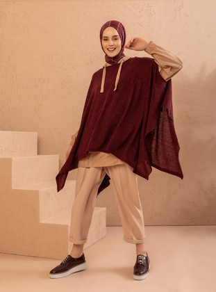 Maroon - Unlined - Knit Ponchos - Tofisa