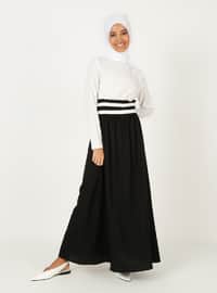 Modest Dress With Drawstring Stripe Detail Black