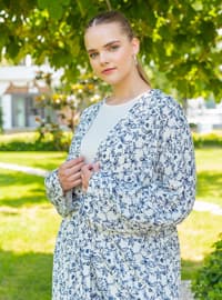 Ice Blue - Floral - Unlined - V neck Collar - Plus Size Coat