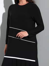 Plus Size Knitted Modest Dress With Piping Detail Black Ecru