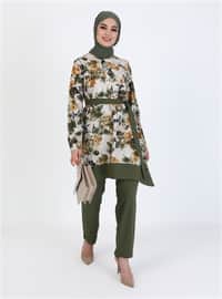 Floral Patterned Tunic Pants Co-Ord Khaki