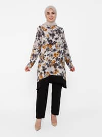 Floral Patterned Tunic Pants Co-Ord Black