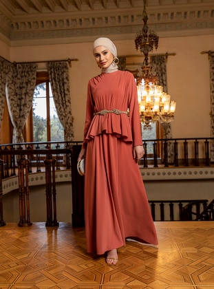 Özlem Süer X Refka Flare Detailed Evening Dress - Coral - Refka Woman