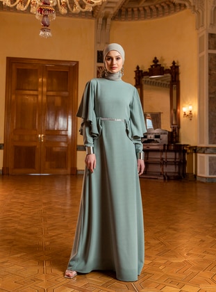 Özlem Süer X Refka Flare Detailed and Beaded Stripe Evening Dress - Clover Green - Refka Woman