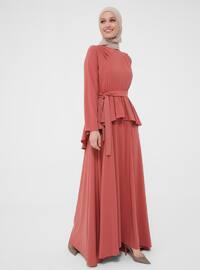 Flare Detailed Evening Dress - Coral - Woman