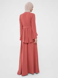  Flare Detailed Evening Dress - Coral - Refka Woman