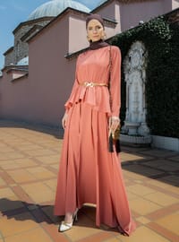  Flare Detailed Evening Dress - Coral - Refka Woman