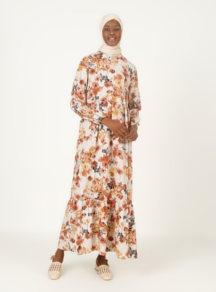 Terra Cotta - Floral - Crew neck - Unlined - Modest Dress - Tavin
