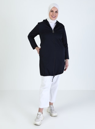 Navy Blue - Unlined - Crew neck - Plus Size Coat - Night Blue Collection