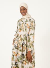 Khaki - Floral - Crew neck - Unlined - Modest Dress