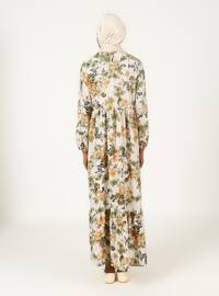 Khaki - Floral - Crew neck - Unlined - Modest Dress