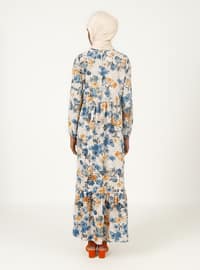 Indigo - Floral - Crew neck - Unlined - Modest Dress