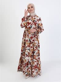 Terra Cotta - Floral - Crew neck - Unlined - Modest Dress