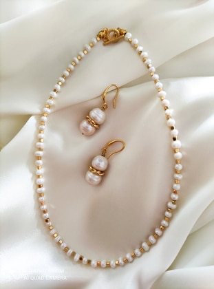 Special Design Pearl Necklace & Earrings Set - White