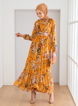 Mustard - Floral - Crew neck - Fully Lined - Modest Dress - LOREEN