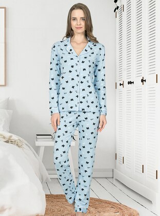 Cotton Long Sleeve Button Down Cuffed Pajama Set Blue